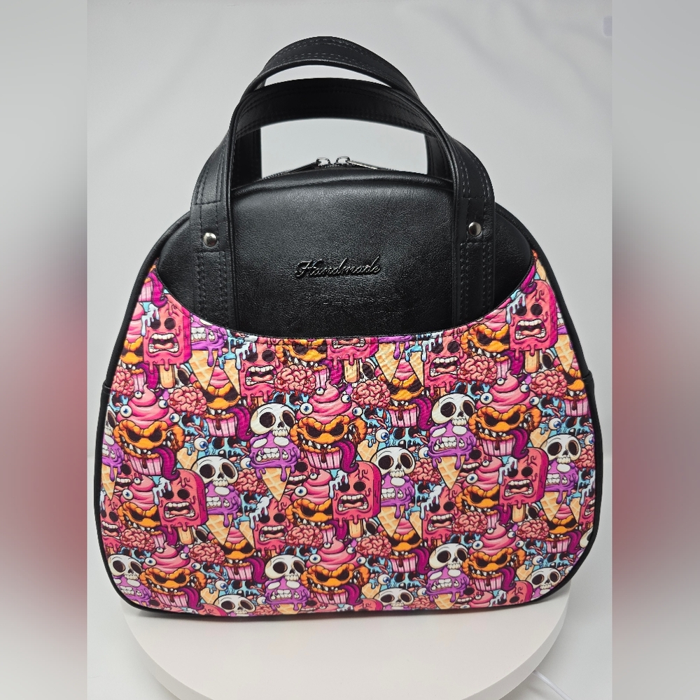 New Handmade Hand Crafted Bowler Bag Handmade Cartoon Skull Ice Cream